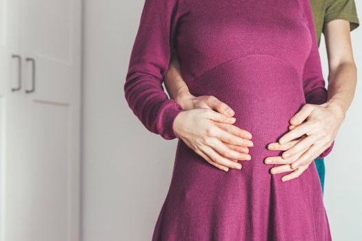 Close up of pregnant mother and father, hugging the tummy, Caucasian