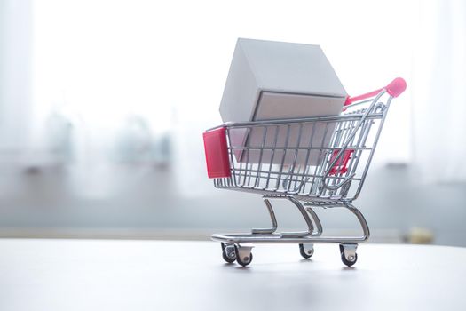 Online-Shopping and parcel service concept: Miniature shopping cart and white box