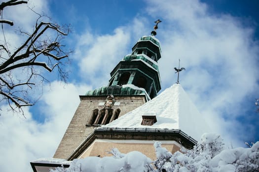 Snowy church in Salzburg, Müllnerkirche