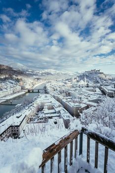 Viewpoint, Salzburg in winter: Snowy historical center, sunshine