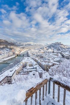 Viewpoint, Salzburg in winter: Snowy historical center, sunshine