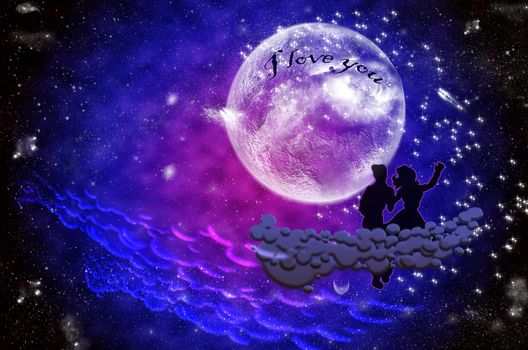 Young beautiful couple  in the moonlight. Romantic love. Happy valentine's day. Silhouette of loving couple in Valentines night. Stock illustration
