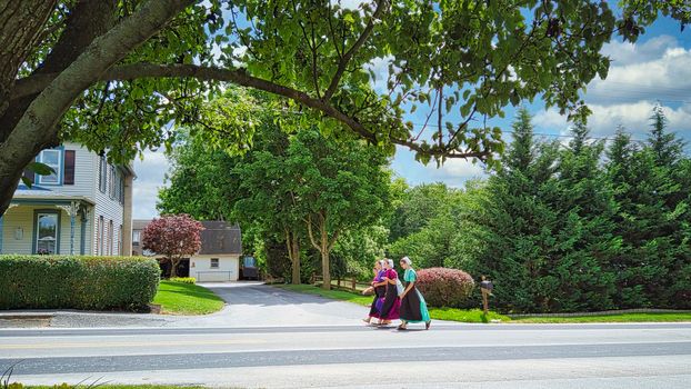 Gordonville, Pennsylvania, June 2020 - Four Amish Girl Teenagers Walking Along a Countryside Road on a Summer Day