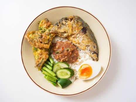Thai traditional food, shrimp paste chili paste, mackerel with fried cha-om egg It is the most popular food in Thailand. Can be eaten at street food stores