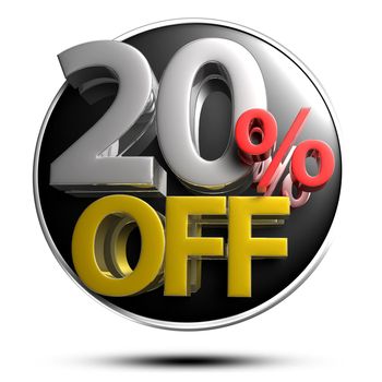 20% OFF on white background illustration 3D rendering with clipping path.
