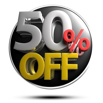 50% OFF on white background illustration 3D rendering with clipping path.