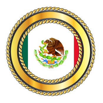 Mexico national flag button with a gold metal rope circular border over a white background