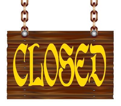 A hanging wooden closed sign isolated against a white background.