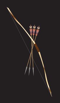 A stypical bow and arrow on black as used by Robin Hood and the North American Indians