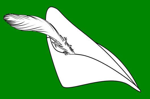 The type of cap worn by Robin Hood i black line drawing over a green background