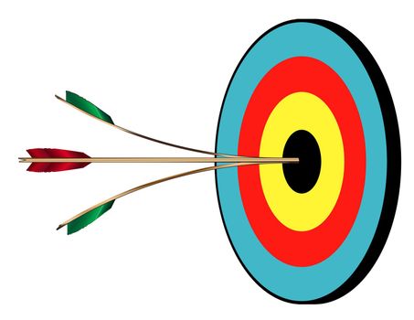 The target for a bow and arrow with two perfect bulls and a splitting arrow