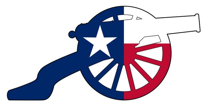 Typical American civil war cannon gun with Texas flag isolated on a white background