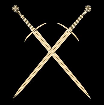 A pair of wooden Templar broadswords crossed with motif isolated on a white background
