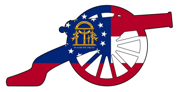 Typical American civil war cannon gun with Georgia state flag isolated on a white background