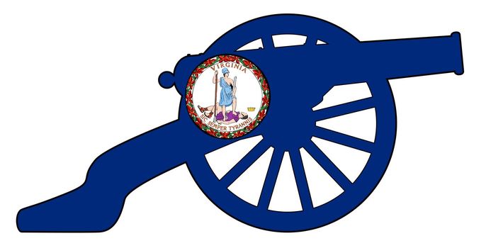 Typical American civil war cannon gun with Virginia state flag isolated on a white background