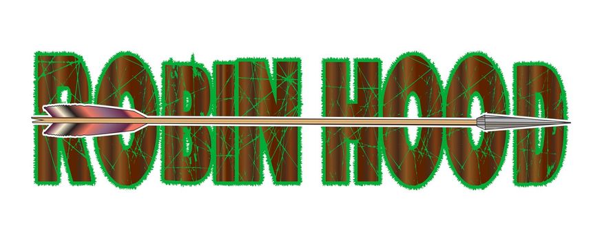 A typical longbow arrow set over the text Robin Hood isolated, on a white background