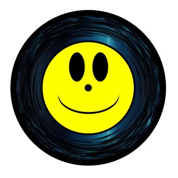 Happy smily Emoji emoticon ghost face on a 45 Seven Inch Vinyl record with yellow label over a white background