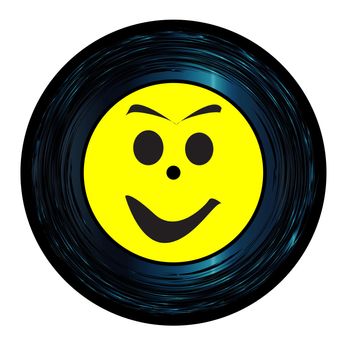 Happy Emoji emoticon face on a 45 Seven Inch Vinyl record with yellow label over a white background