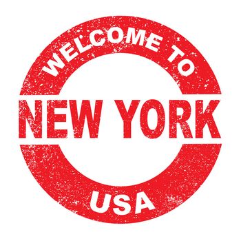 A grunge rubber ink stamp with the text Welcome To New York USA over a white background