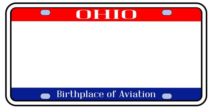 Ohio state license plate in the colors of the state flag with icons over a white background