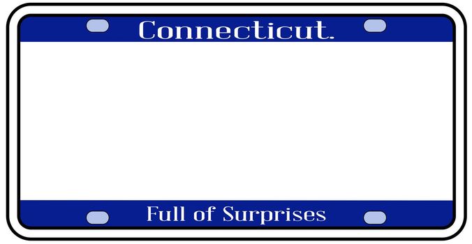 Connecticut state license plate in the colors of the state flag with icons over a white background