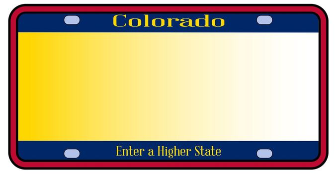 Blank Colorado state license plate in the colors of the state flag over a white background