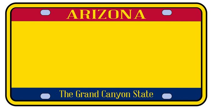 Blank Arizona state license plate in the colors of the state flag over a white background