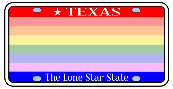 Blank Texas state license plate in the colors of the state flag with LGBT rainbow over a white background