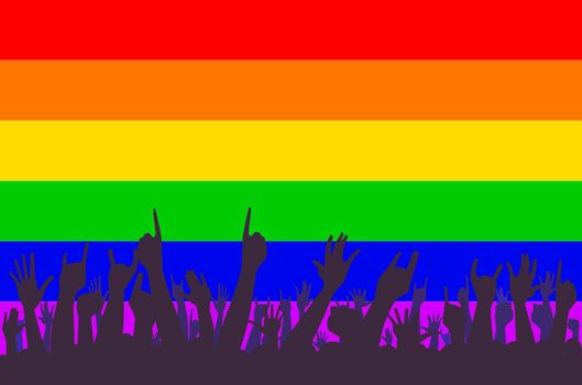 The LGBT Trangender flag in the traditional rainbow colors with waving hands in silhouette on the foreground