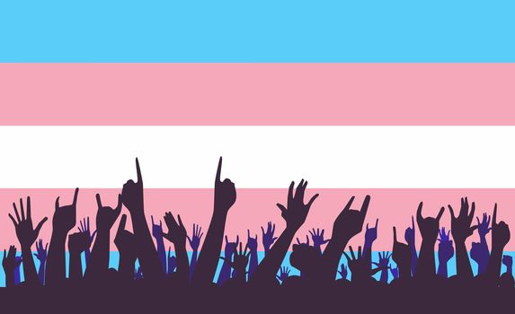 The transgender pride flag in pastel blue pink and white as a background with waving hands in silhouette