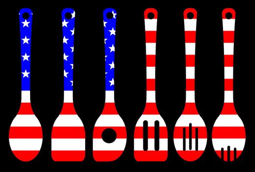 A collection of kitchen tool silhouette over a black background woth a backdrop of the Stars and Strupes USA flag