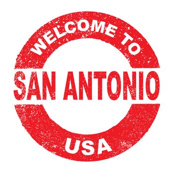 A grunge rubber ink stamp with the text Welcome To San Antonio USA over a white background