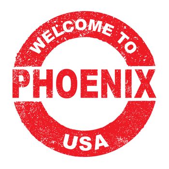 A grunge rubber ink stamp with the text Welcome To PhoenixUSA over a white background