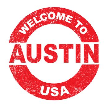 A grunge rubber ink stamp with the text Welcome To Austin USA over a white background