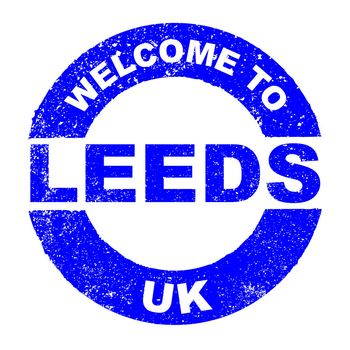 A grunge rubber ink stamp with the text Welcome To Leeds UK over a white background
