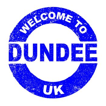 A grunge rubber ink stamp with the text Welcome To Dundee UK over a white background