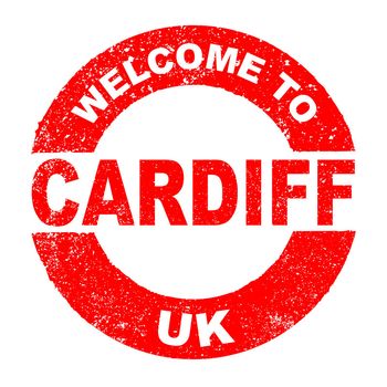 A grunge rubber ink stamp with the text Welcome To Cardiff UK over a white background