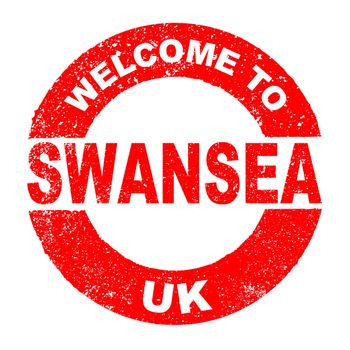 A grunge rubber ink stamp with the text Welcome To Swansea UK over a white background