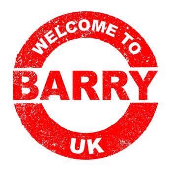 A grunge rubber ink stamp with the text Welcome To Barry UK over a white background