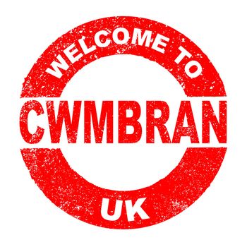 A grunge rubber ink stamp with the text Welcome To Cwmbran UK over a white background