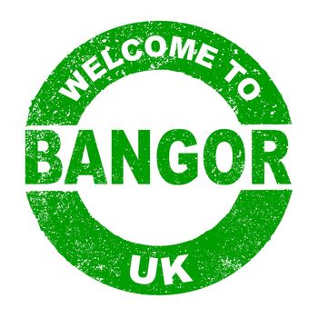 A grunge rubber ink stamp with the text Welcome To Bangor UK over a white background