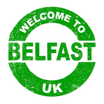 A grunge rubber ink stamp with the text Welcome To Belfast UK over a white background