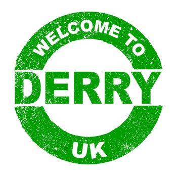 A grunge rubber ink stamp with the text Welcome To Derry UK over a white background