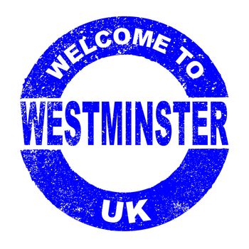 A grunge rubber ink stamp with the text Welcome To Westminster UK over a white background