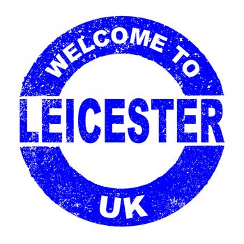 A grunge rubber ink stamp with the text Welcome To Leicester UK over a white background