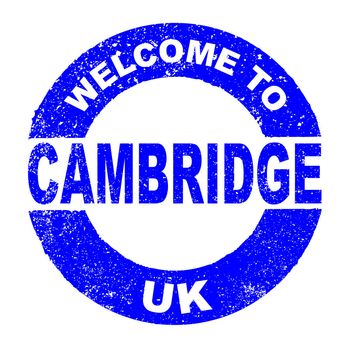 A grunge rubber ink stamp with the text Welcome To Cambridge UK over a white background