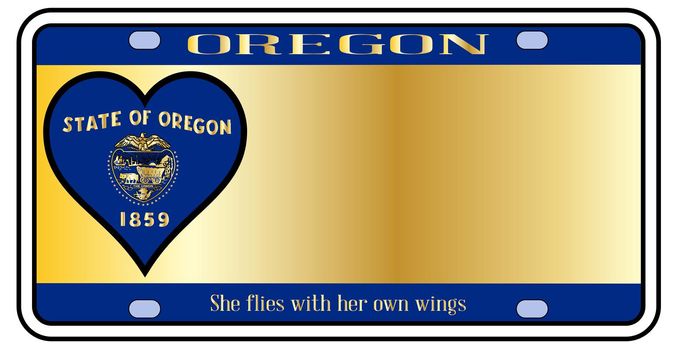 Oregon state license plate in the colors of the state flag with the flag icons over a white background