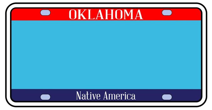 Blank Oklahoma state license plate in the colors of the state flag over a white background
