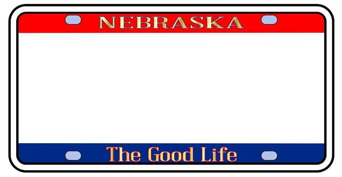 Blank Nebraska state license plate in the colors of the state flag over a white background