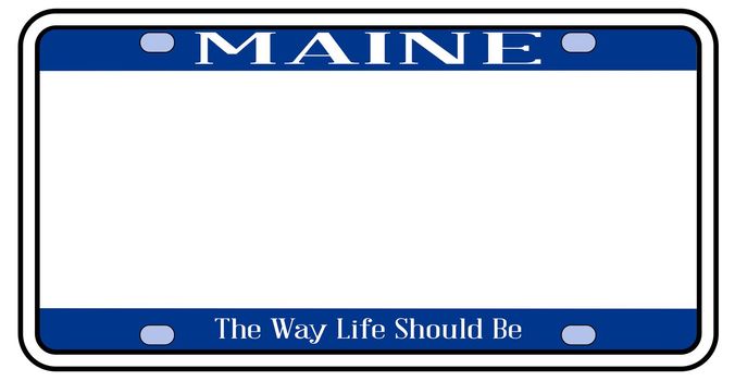 Maine state license plate in the colors of the state flag with the flag icons over a white background